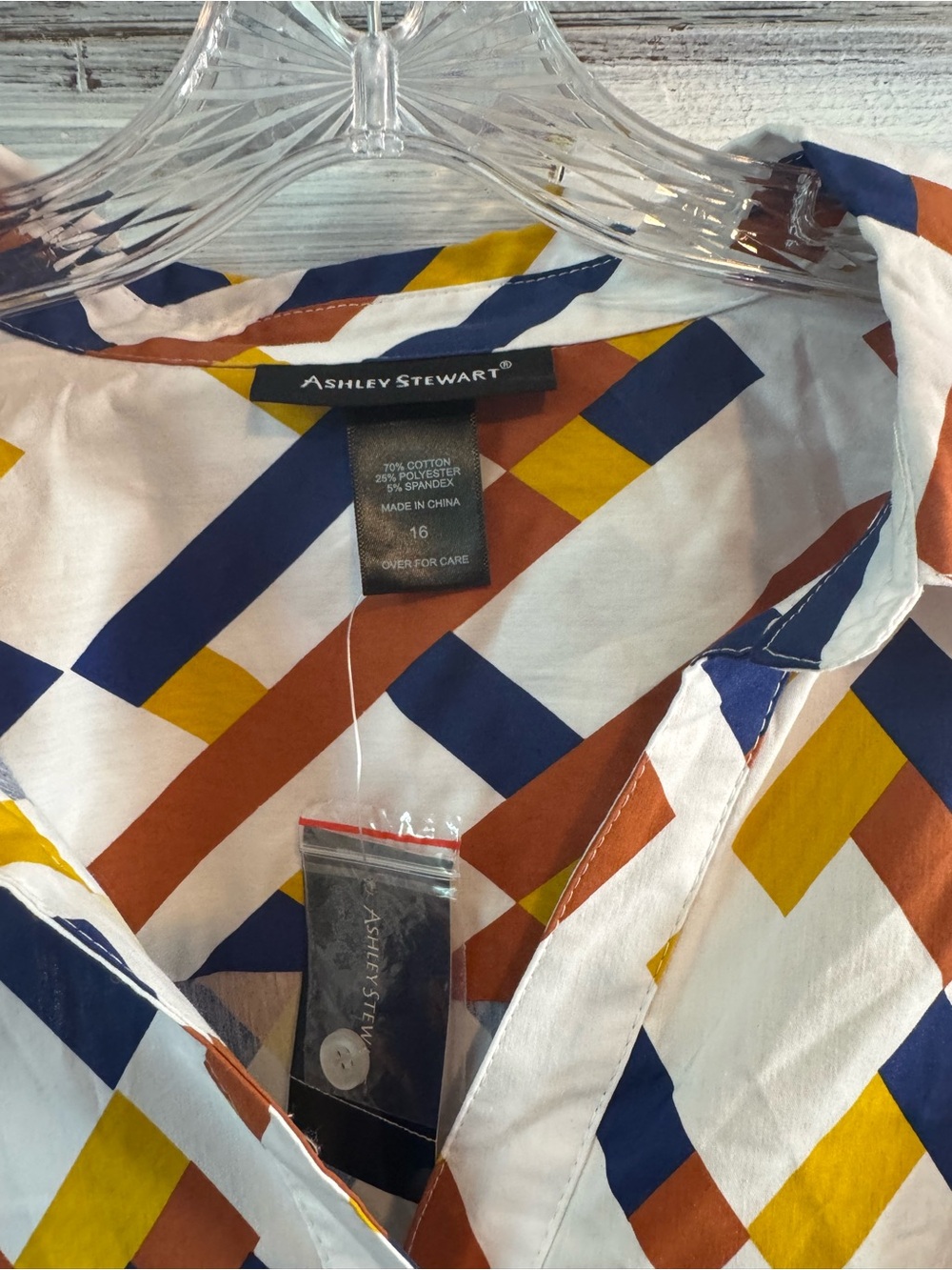 Ashley Stewart White Button-Down Shirt with Navy, Mustard & Rust Geometric Print - Picture 5 of 7